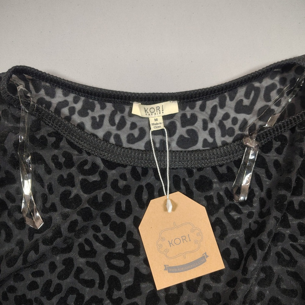 Kori America Mesh Top Women Medium Black Leopard Burnout Velvet Long Sleeve - Picture 3 of 10